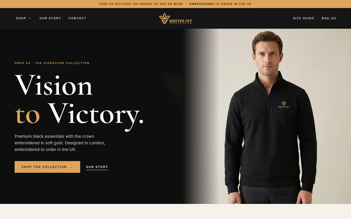 The homepage of britbunt.com, a premium clothing shop built by Fynvro