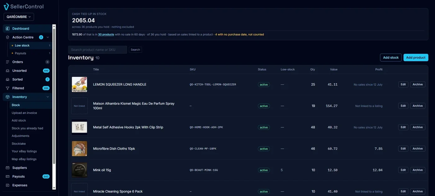 The SellerControl dashboard